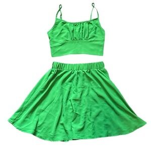 SHEIN Two Piece Set M/6 Womens Med Bright Green Ruched Crop Top‎ Skirt